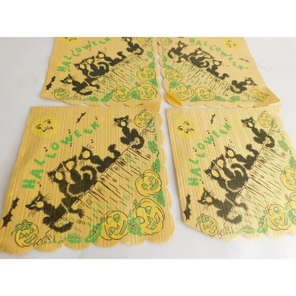 Vintage Halloween Crepe Paper Napkin Black Cats Pumpkins SET OF 3 - Picture 4 of 7